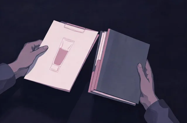 Illustration of a tinted moisturizer specification sheet handing off to a quotation folder