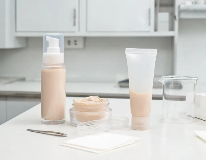 tinted moisturizer for oily skin on a cosmetics bench, illustration only